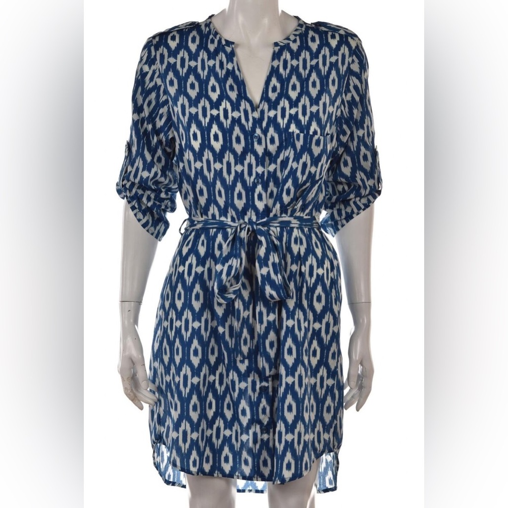 MAEVE Anthropologie Blue and White Aztec Print Button up Shirt Dress